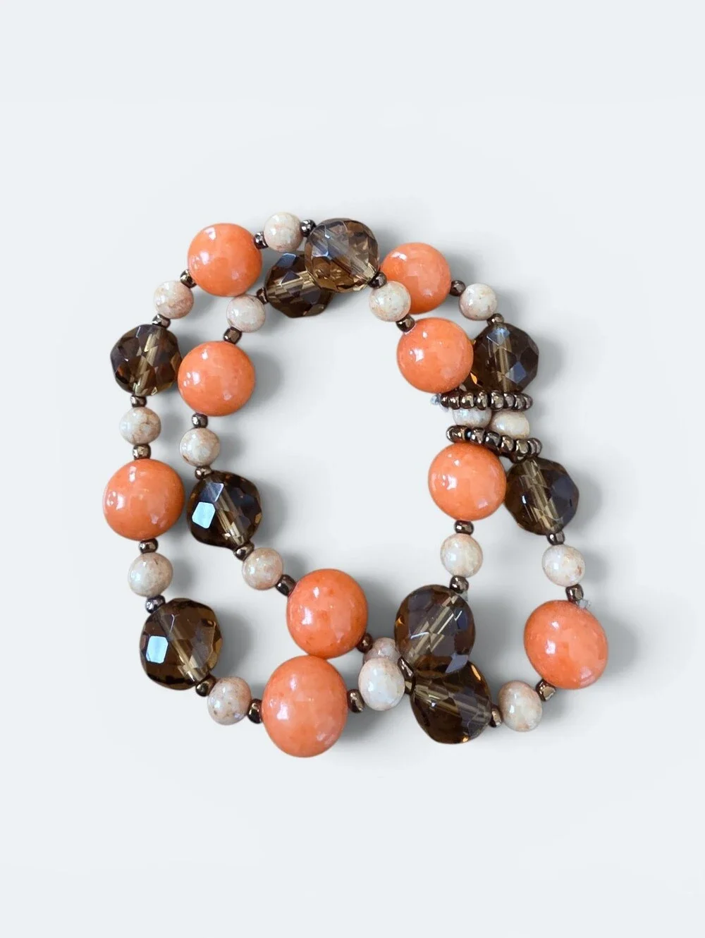 Boho Orange & Brown Beaded Multi-Row Stretch Bracelet Lightweight